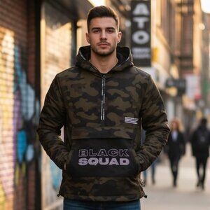 BLACK SQUAD LABEL Men's Camo Pullover Hoodie Loud Logo Army Green Brown Pockets